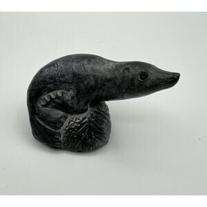 Wolf Original Vintage Seal on Rock Carved Soapstone 2” Figurine Made in Canada